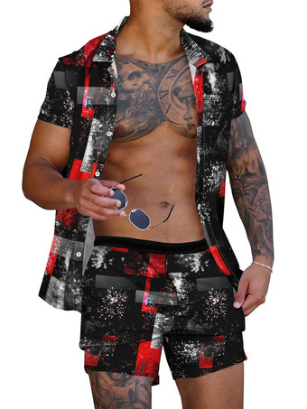 グレイメンズ2ピースプリント半袖ターンダウンカラーブルー