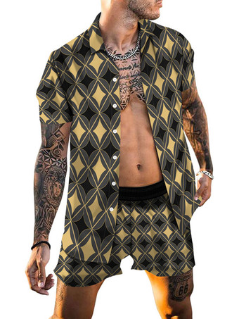 イエローメンズ2ピースプリント半袖ターンダウンカラーブルー