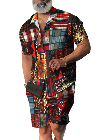 レッド メンズ2ピースプリント半袖ターンダウンカラーブルー