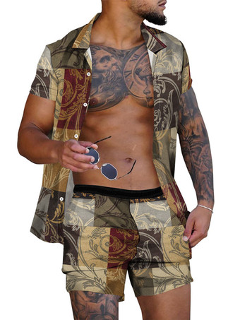 ブラウン メンズ2ピースプリント半袖ターンダウンカラーブルー