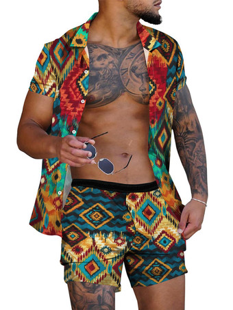 グリーン メンズ2ピースプリント半袖ターンダウンカラーブルー