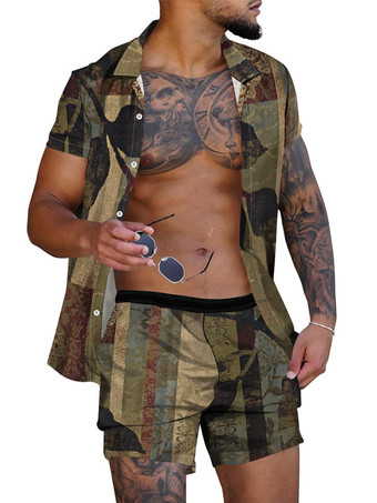 カーキ メンズ2ピースプリント半袖ターンダウンカラーブルー