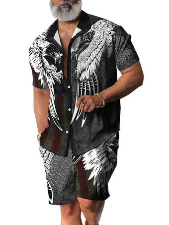 ホワイト メンズ2ピースプリント半袖ターンダウンカラーグレー