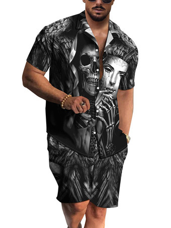 ブラック メンズ2ピースプリント半袖ターンダウンカラーグレー