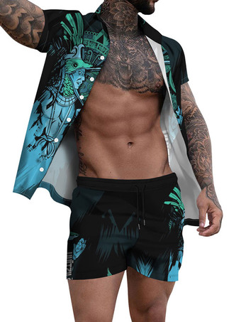 ライトスカイブルーメンズ2ピースプリント半袖ターンダウンカラーパープル