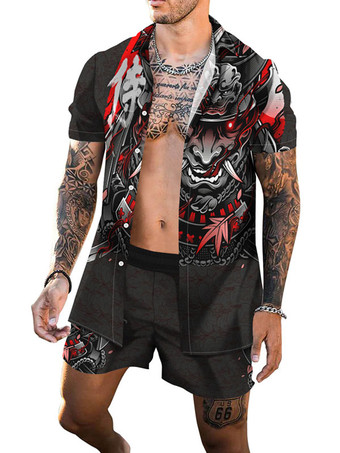 ダークグレー メンズ2ピースプリント半袖ターンダウンカラーパープル