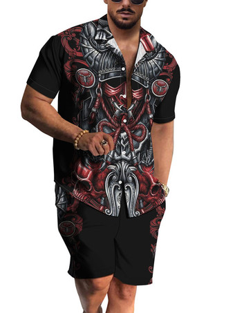 ブラック メンズ2ピースプリント半袖ターンダウンカラーパープル