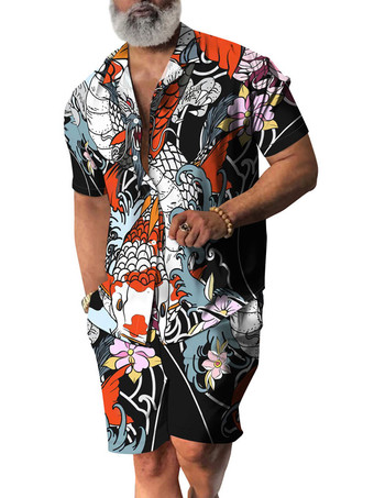 レッド メンズ2ピースプリント半袖ターンダウンカラーパープル