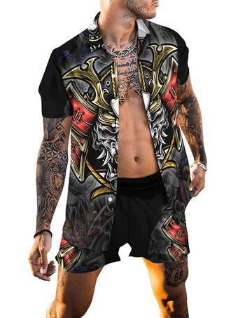 イエローメンズ2ピースプリント半袖ターンダウンカラーパープル