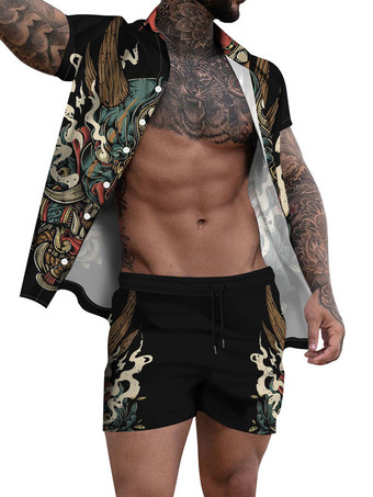 カーキ メンズ2ピースプリント半袖ターンダウンカラーパープル