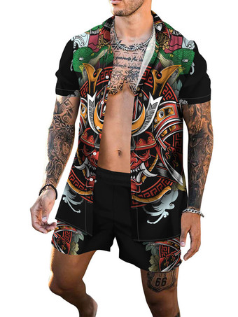 Grün Herren 2-teilig bedruckter Umlegekragen mit kurzen Ärmeln tiefgrau