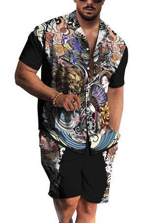 LilaHerren 2-teilig bedruckter Umlegekragen mit kurzen Ärmeln tiefgrau