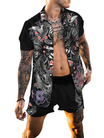 RosaHerren 2-teilig bedruckter Umlegekragen mit kurzen Ärmeln tiefgrau