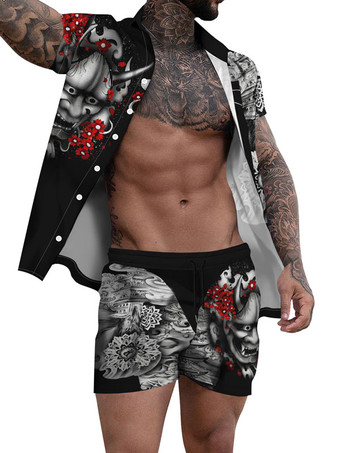 GrauHerren 2-teilig bedruckter Umlegekragen mit kurzen Ärmeln tiefgrau