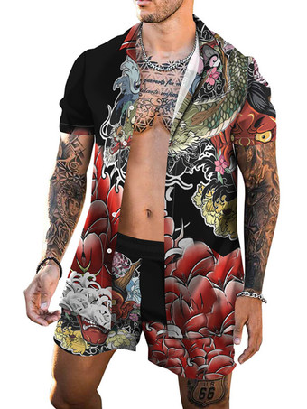 RotHerren 2-teilig bedruckter Umlegekragen mit kurzen Ärmeln tiefgrau