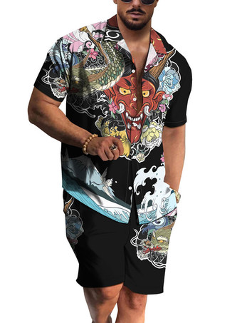 Hellschiefergrau Herren 2-teilig bedruckter Umlegekragen mit kurzen Ärmeln tiefgrau