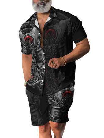 Dunkelgrau Herren 2-teilig bedruckter Umlegekragen mit kurzen Ärmeln tiefgrau