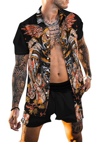 NaranjaCamiseta de manga corta estampada de 2 piezas para hombre con cuello vuelto naranja