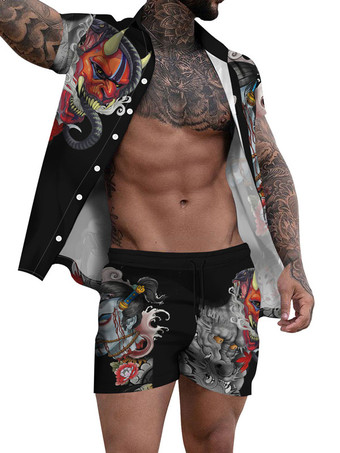 negro Camiseta de manga corta estampada de 2 piezas para hombre con cuello vuelto naranja