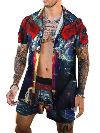 rojo Camiseta de manga corta estampada de 2 piezas para hombre con cuello vuelto naranja