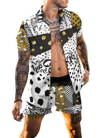 ホワイト メンズ2ピースヒョウ柄半袖ターンダウンカラーイエロー