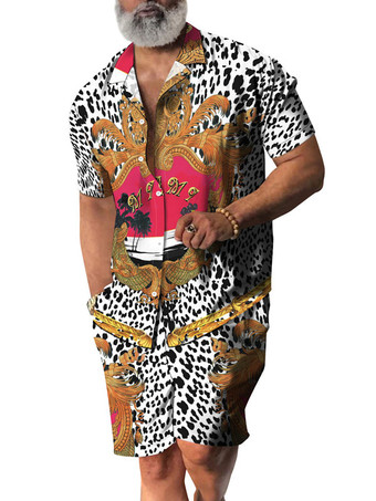 ブラウン メンズ2ピースヒョウ柄半袖ターンダウンカラーイエロー