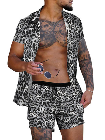 グレイメンズ2ピースヒョウ柄半袖ターンダウンカラーイエロー