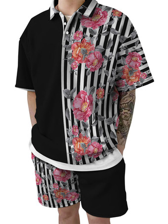 レッド メンズ2ピースプリント半袖ターンダウンカラーオレンジ