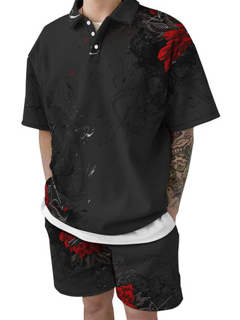 ブラック メンズ2ピースプリント半袖ターンダウンカラーオレンジ