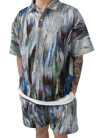 ブルー メンズ2ピースプリント半袖ターンダウンカラーブラック