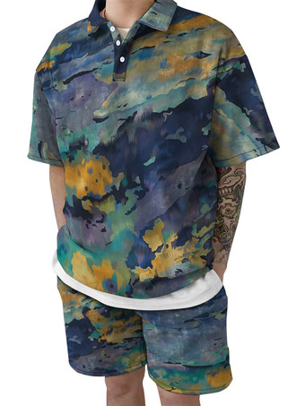 グリーン メンズ2ピースプリント半袖ターンダウンカラーブラック