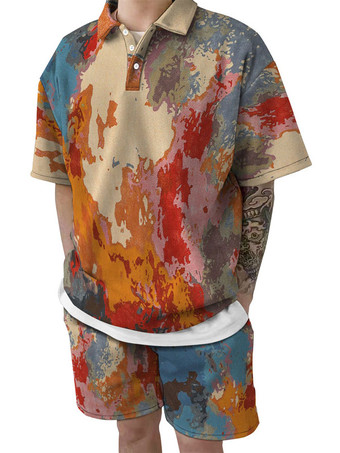 カーキ メンズ2ピースプリント半袖ターンダウンカラーブラック