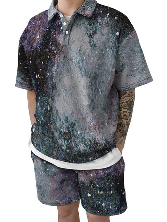 グレイメンズ2ピースプリント半袖ターンダウンカラーブラック