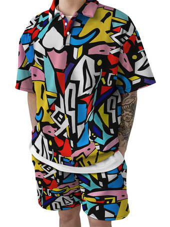 ピンクメンズ2ピースプリント半袖ターンダウンカラーブラック