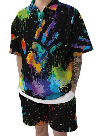 ブラック メンズ2ピースプリント半袖ターンダウンカラーブラック