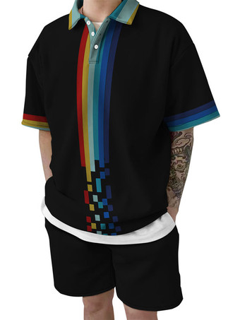 ブルー メンズ2ピースプリント半袖ターンダウンカラーブルー