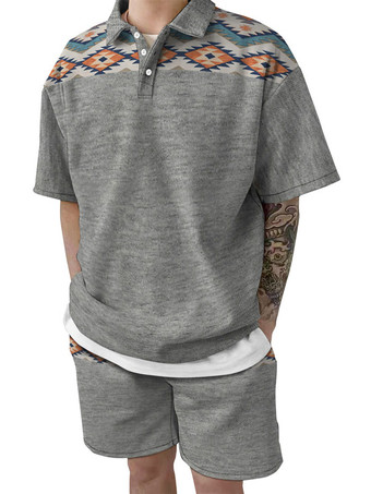 グレイメンズ2ピースプリント半袖ターンダウンカラーブルー