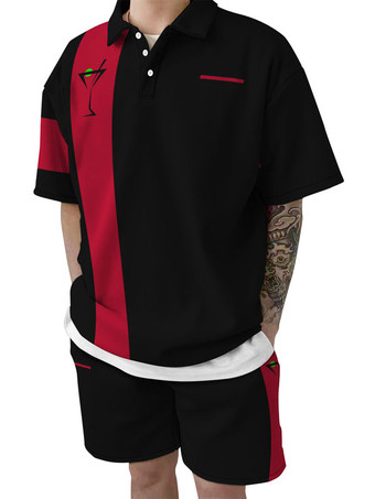 レッド メンズ2ピースプリント半袖ターンダウンカラーブルー