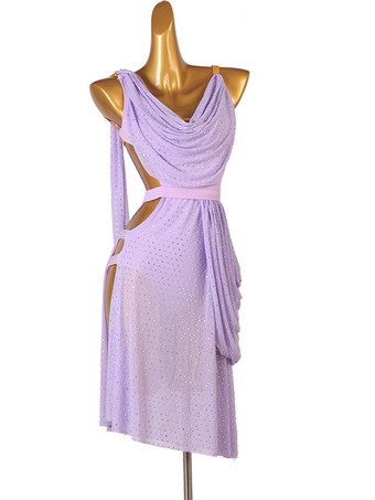 ラテンダンスコスチュームラベンダーの女性のポリエステルのドレスオープンショルダーセクシーなラインストーンラテンダンサーダンス衣装