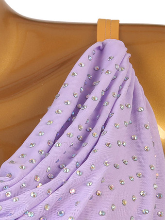 ラテンダンスコスチュームラベンダーの女性のポリエステルのドレスオープンショルダーセクシーなラインストーンラテンダンサーダンス衣装