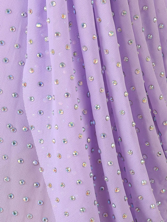 ラテンダンスコスチュームラベンダーの女性のポリエステルのドレスオープンショルダーセクシーなラインストーンラテンダンサーダンス衣装