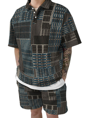 ブルー メンズ2ピースプリント半袖ターンダウンカラーディープブラウン