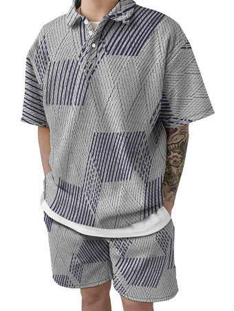 ライトグレー メンズ2ピースプリント半袖ターンダウンカラーディープブラウン