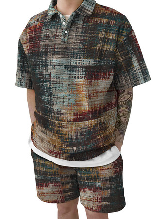 marrón claro Hombres de 2 piezas a cuadros de manga corta con cuello vuelto azul