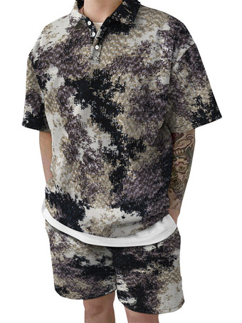 camuflajeHombres de 2 piezas a cuadros de manga corta con cuello vuelto azul