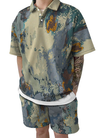 azul Hombres de 2 piezas a cuadros de manga corta con cuello vuelto azul