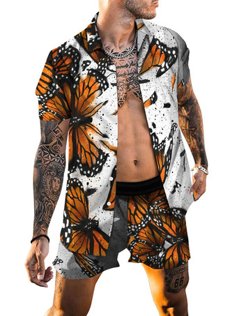Orange Chemise Hawaïenne pour Homme Homme 2 Pièces Imprimé Manches Courtes Col Rabattu Orange