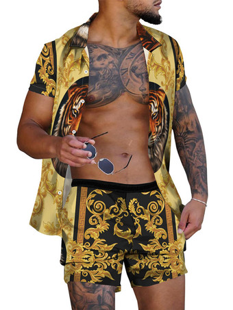 JauneChemise Hawaïenne pour Homme Homme 2 Pièces Imprimé Manches Courtes Col Rabattu Orange