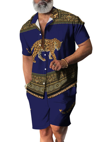 bleu Chemise Hawaïenne pour Homme Homme 2 Pièces Imprimé Manches Courtes Col Rabattu Orange