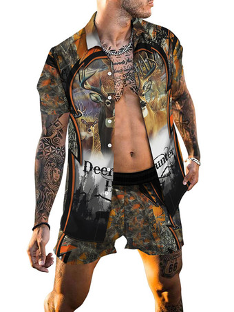 GrisChemise Hawaïenne pour Homme Homme 2 Pièces Imprimé Manches Courtes Col Rabattu Orange